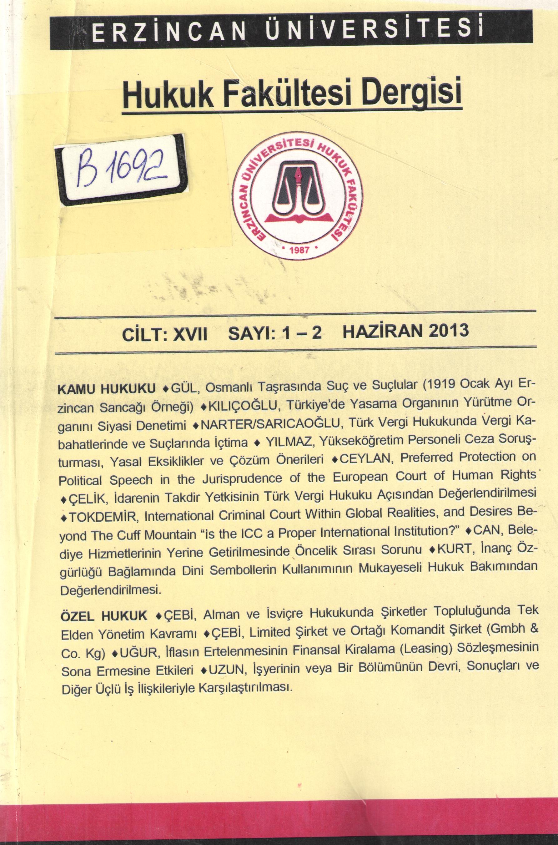 Erzincan Binali Yıldırım Ün.Hukuk Fakültesi Dergisi 1-2, 2019