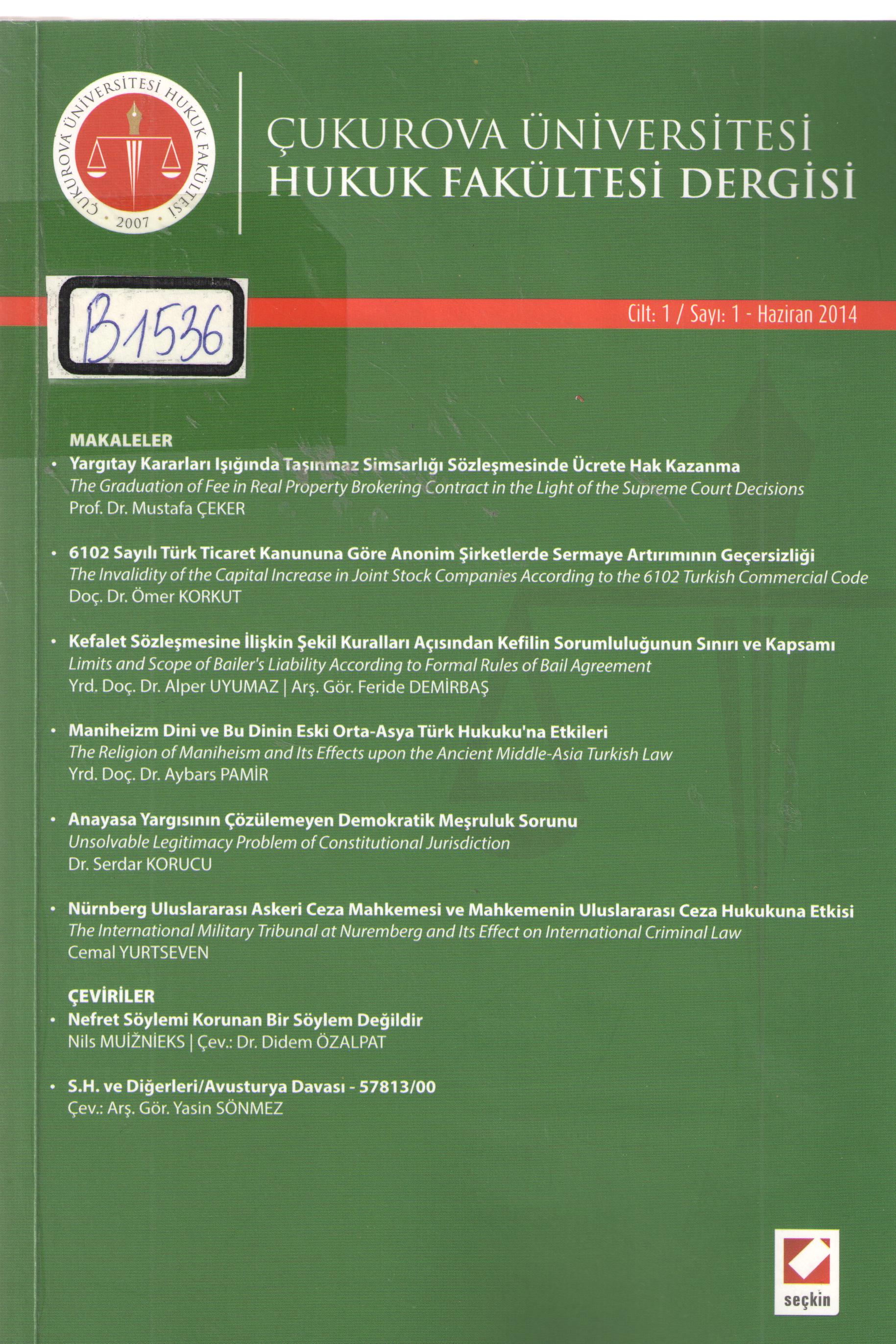 Çukurova Üniversitesi Hukuk Fakültesi Dergisi 1-1