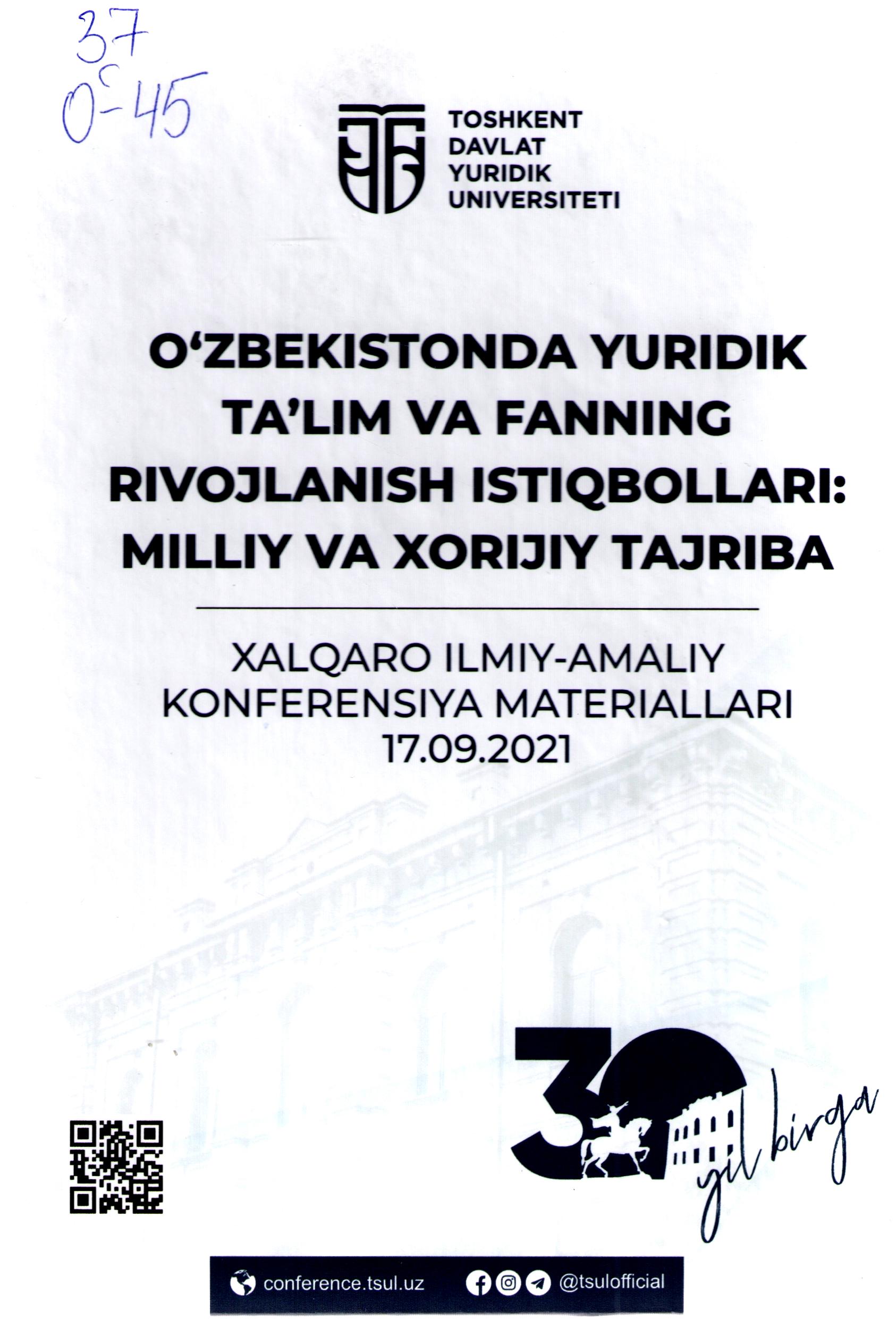 O'zbekistonda yuridik ta'lim va fanning rivojlanish istiqbollari: milliy va xorijiy tajriba