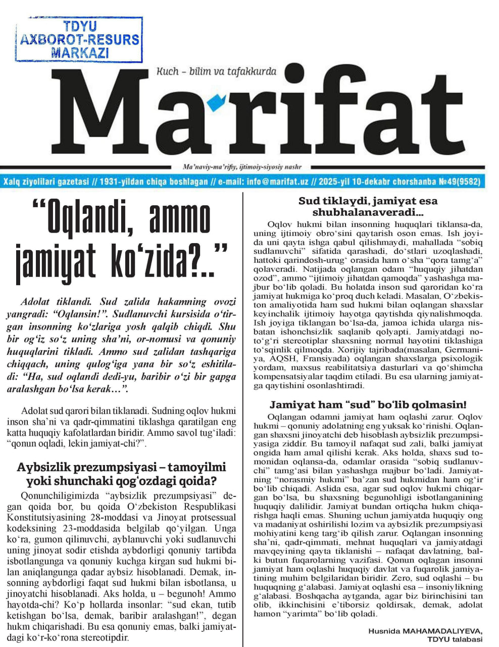 “Oqlandi, ammo jamiyat ko‘zida?..”