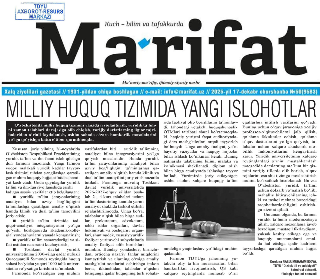 MILLIY HUQUQ TIZIMIDA YANGI ISLOHOTLAR