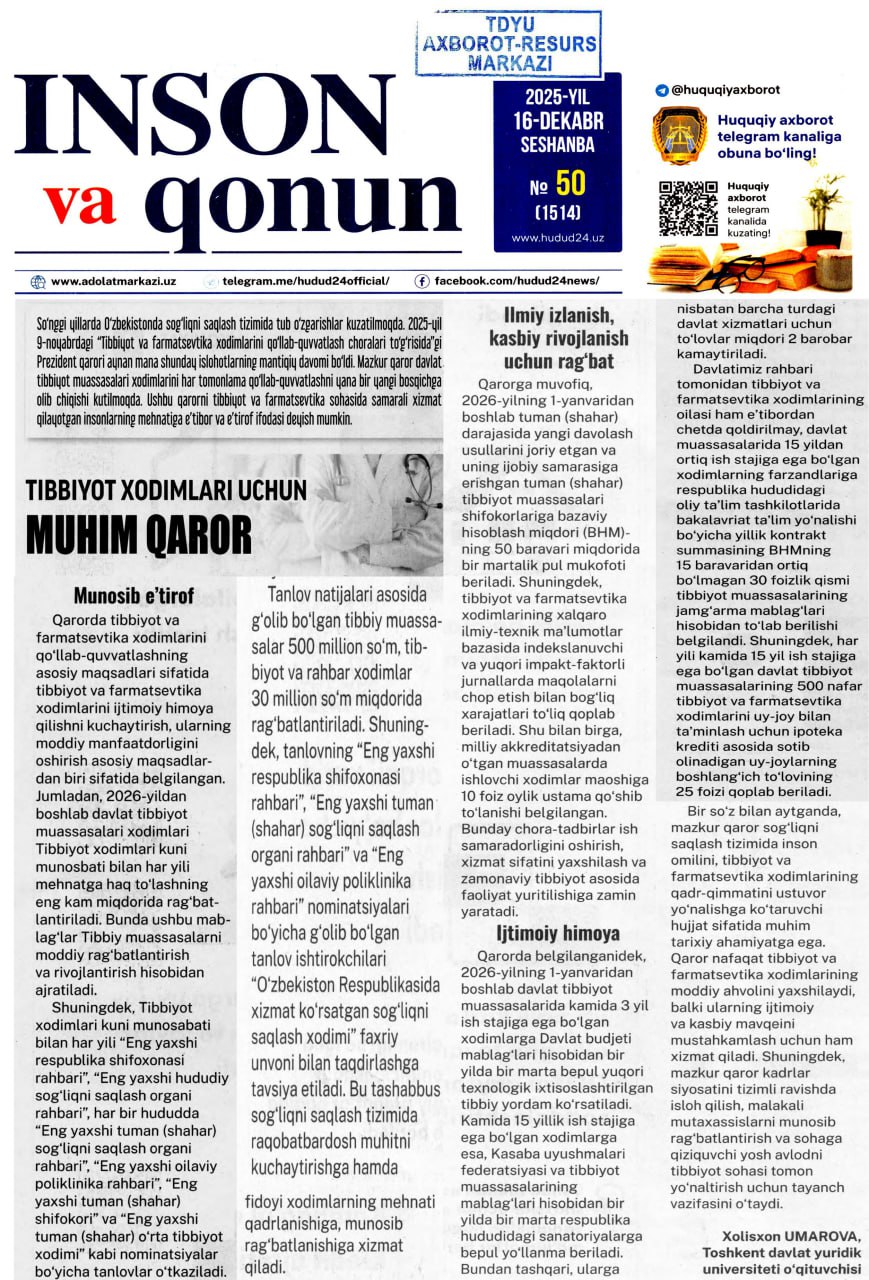 Tibbiyot xodimlari uchun muhim qaror