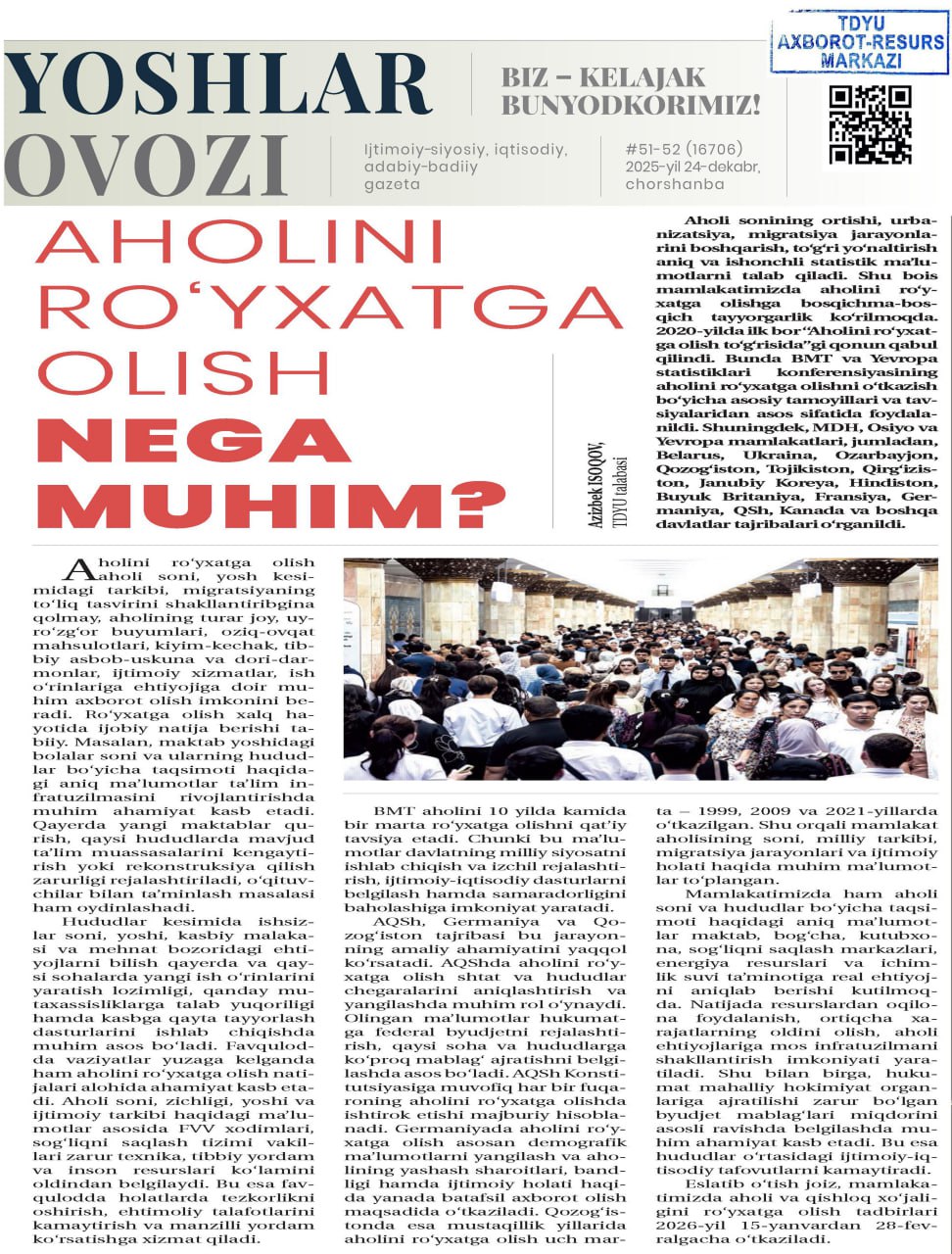 AHOLINI RO‘YXATGA OLISH NEGA  MUHIM?