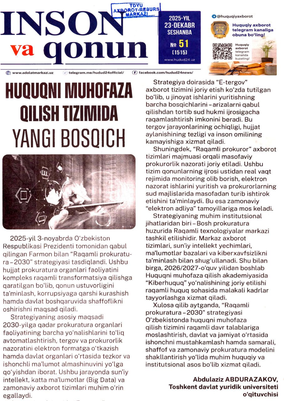 HUQUQNI MUHOFAZA QILISH TIZIMIIDA YANGI BOSOICH