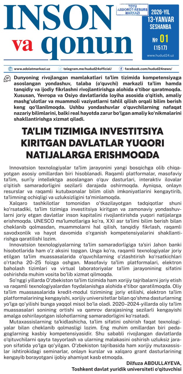 Ta'lim tizimiga investitsiya kiritgan davlatlar yuqori natijalarga erishmoqda