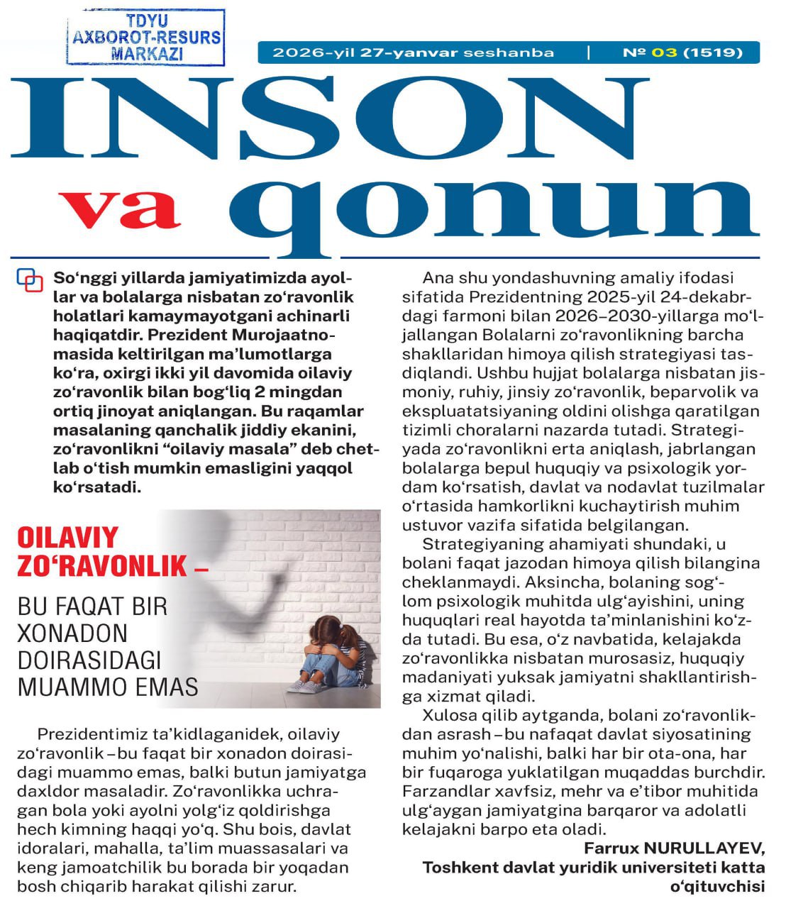 OILAVIY ZO‘RAVONLIK – BU FAQAT BIR  XONADON DOIRASIDAGI MUAMMO EMAS