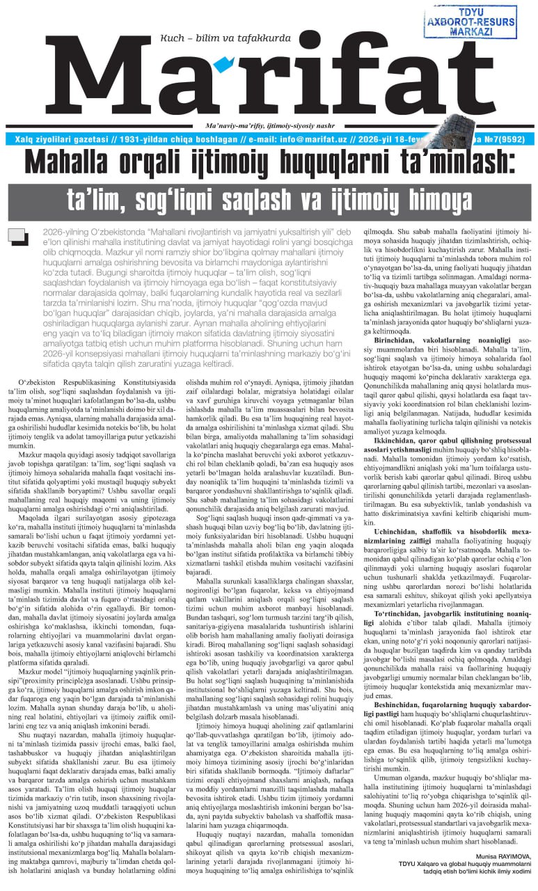 Mahalla orqali ijtimoiy huquqlarni ta’minlash: ta’lim, sog‘liqni saqlash va ijtimoiy himoya