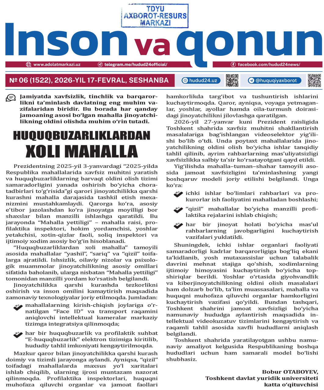 HUQUQBUZARLIKLARDAN XOLI MAHALLA